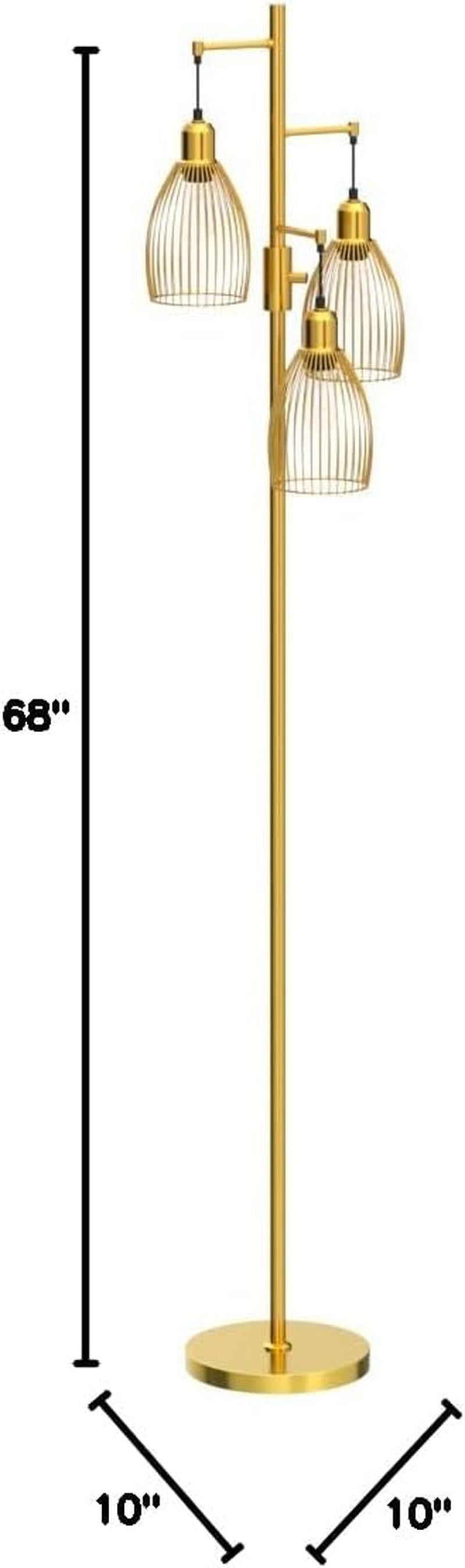 Dimmable Industrial Gold Tree Floor Lamp with 3 Elegant Teardrop Cage Shades