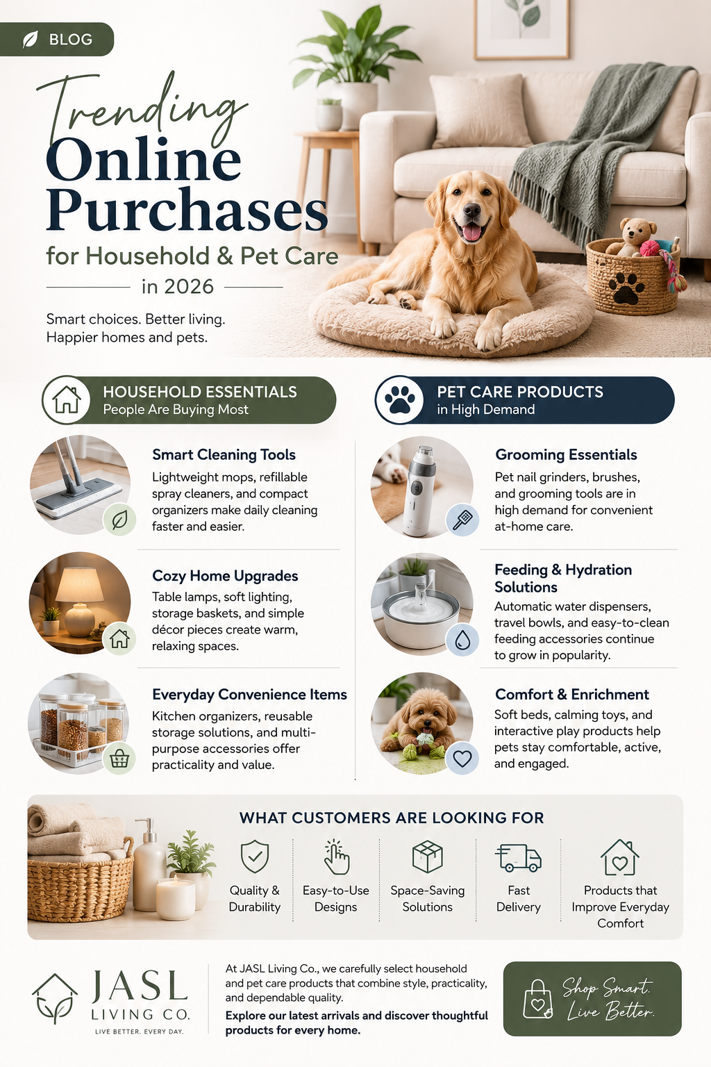 Infographic on trending online shopping for household items and pet care products in 2026 featuring a dog.