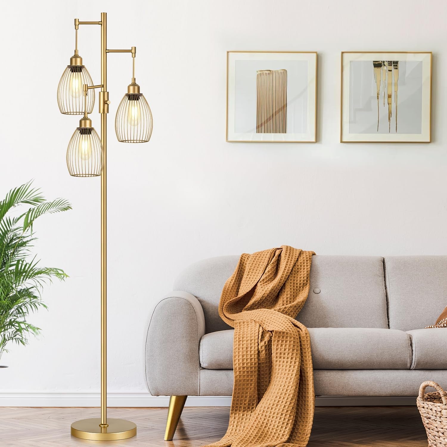 Dimmable Industrial Gold Tree Floor Lamp with 3 Elegant Teardrop Cage Shades