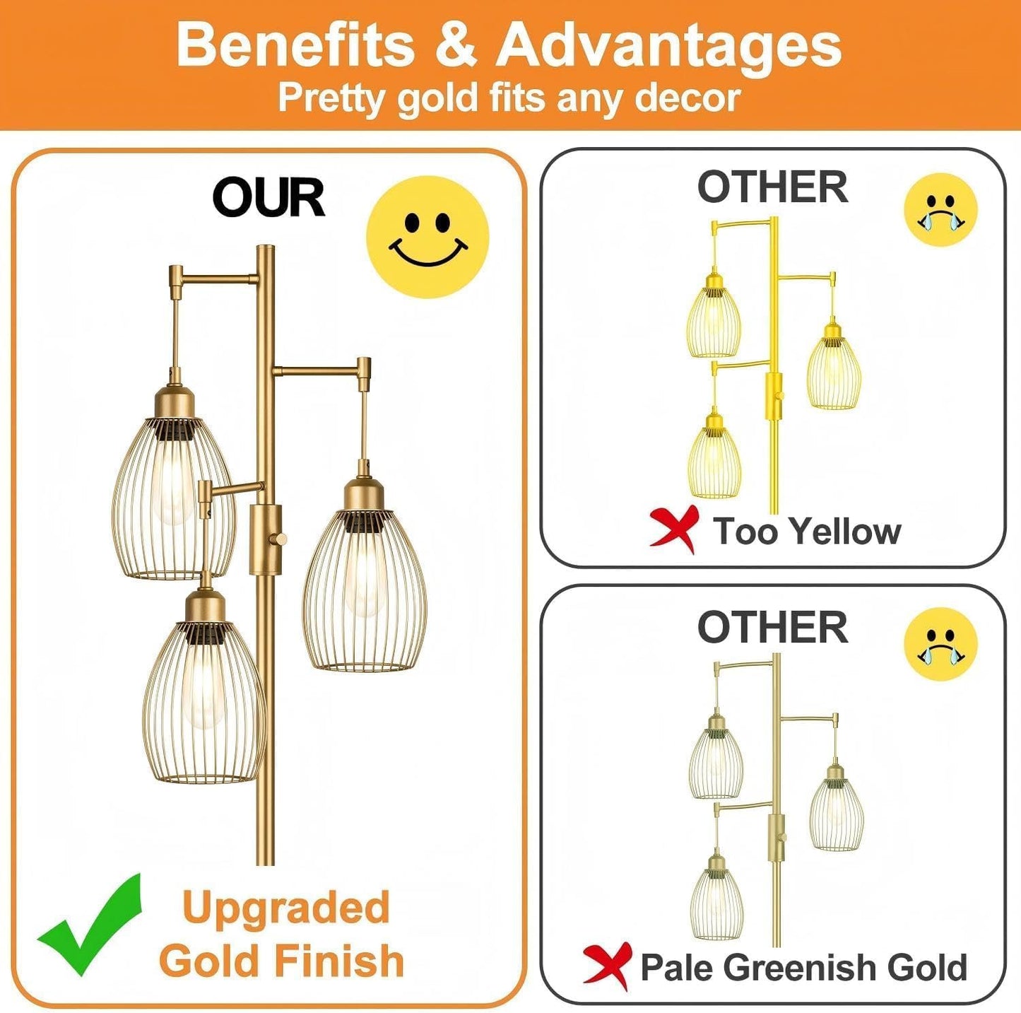 Dimmable Industrial Gold Tree Floor Lamp with 3 Elegant Teardrop Cage Shades