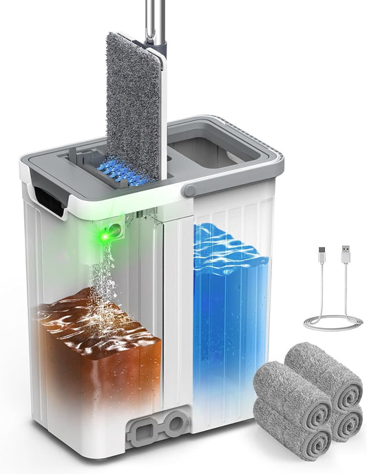 Self-Cleaning Flat Mop & Bucket Set with AUTO Pump 3-Zone Clean & Dirty Water System