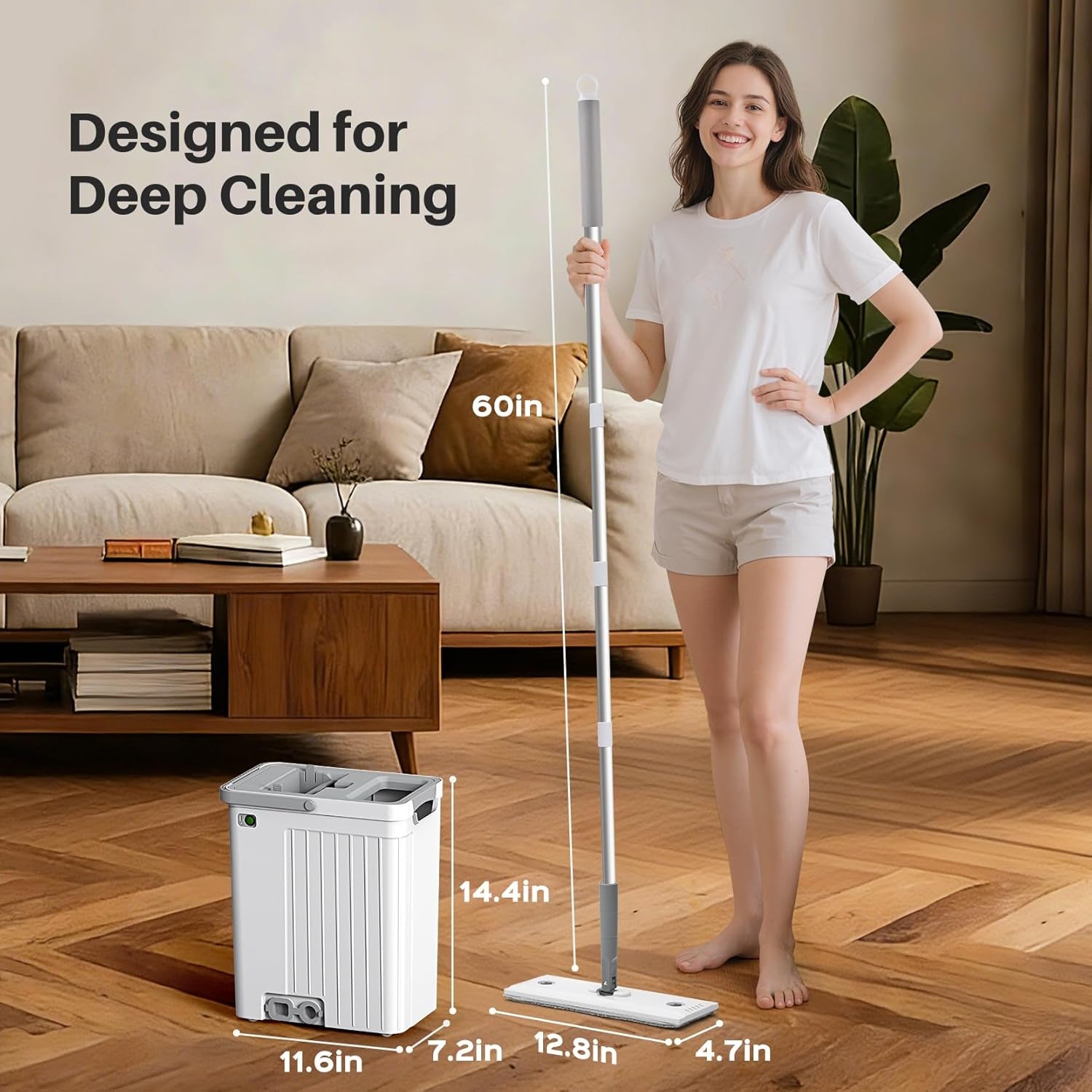 Self-Cleaning Flat Mop & Bucket Set with AUTO Pump 3-Zone Clean & Dirty Water System