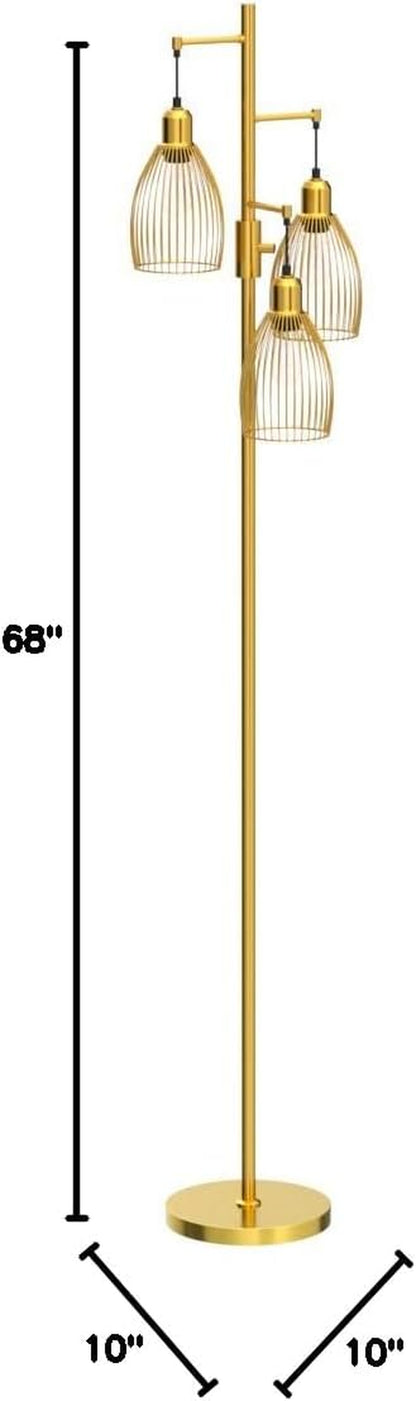 Dimmable Industrial Gold Tree Floor Lamp with 3 Elegant Teardrop Cage Shades