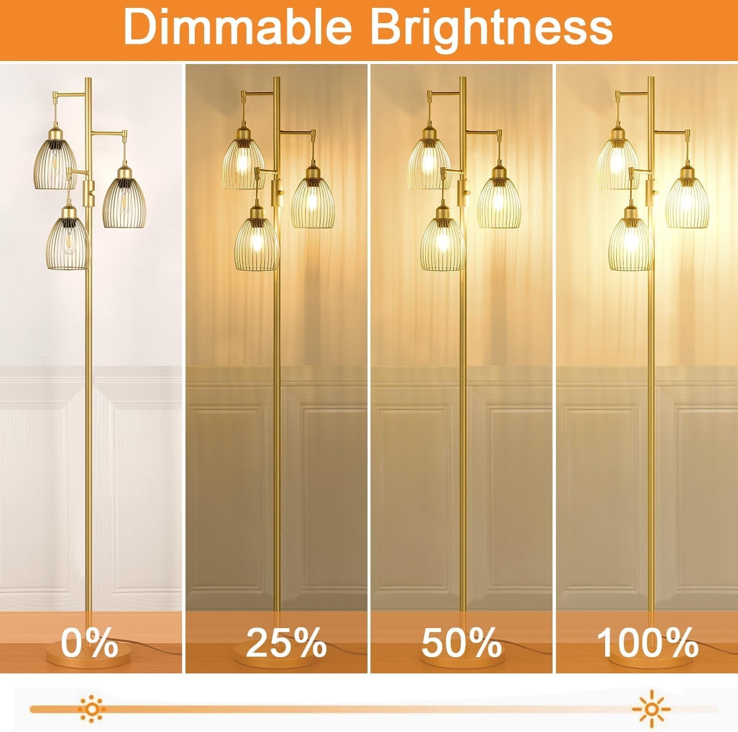 Dimmable Industrial Gold Tree Floor Lamp with 3 Elegant Teardrop Cage Shades
