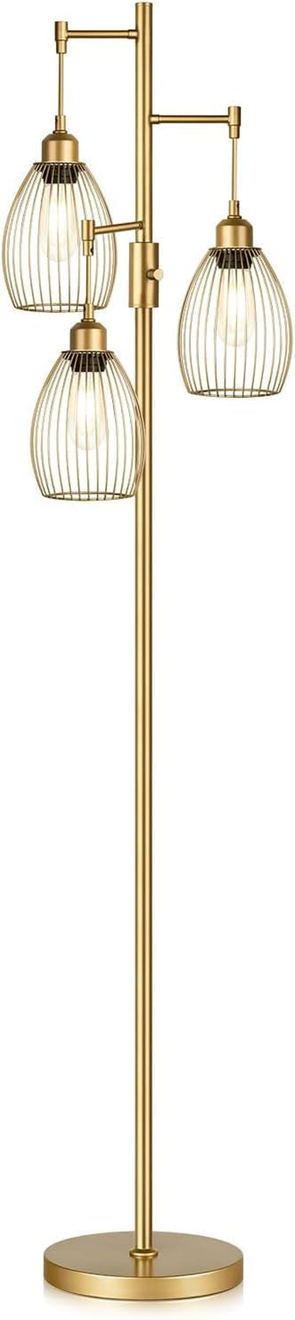 Dimmable Industrial Gold Tree Floor Lamp with 3 Elegant Teardrop Cage Shades