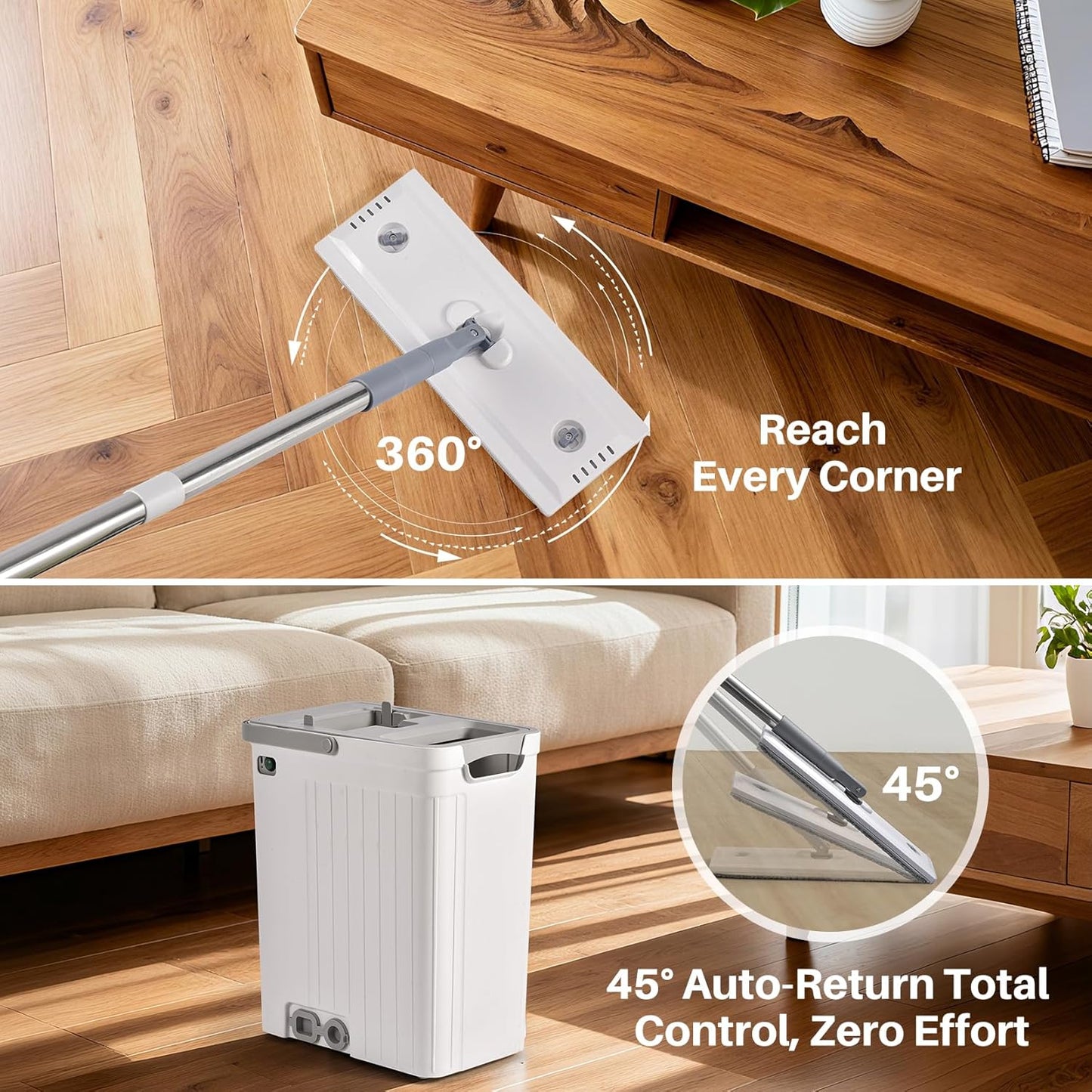 Self-Cleaning Flat Mop & Bucket Set with AUTO Pump 3-Zone Clean & Dirty Water System
