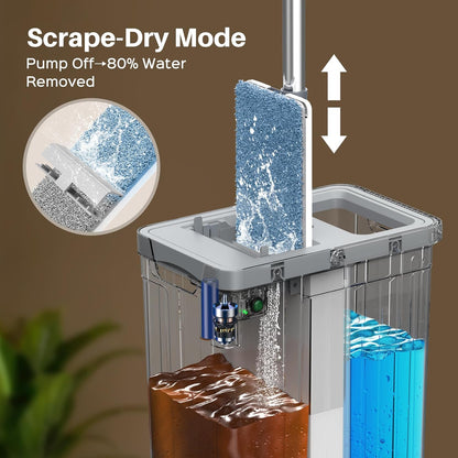 Self-Cleaning Flat Mop & Bucket Set with AUTO Pump 3-Zone Clean & Dirty Water System