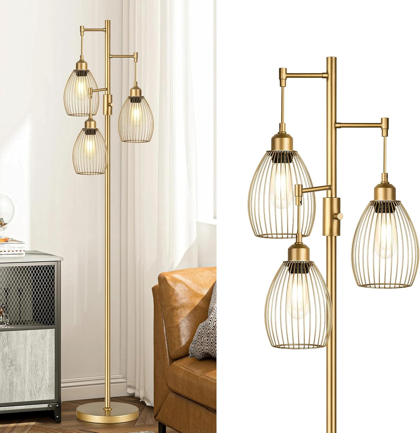 Dimmable Industrial Gold Tree Floor Lamp with 3 Elegant Teardrop Cage Shades