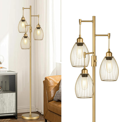 Dimmable Industrial Gold Tree Floor Lamp with 3 Elegant Teardrop Cage Shades