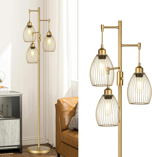 Dimmable Industrial Gold Tree Floor Lamp with 3 Elegant Teardrop Cage Shades