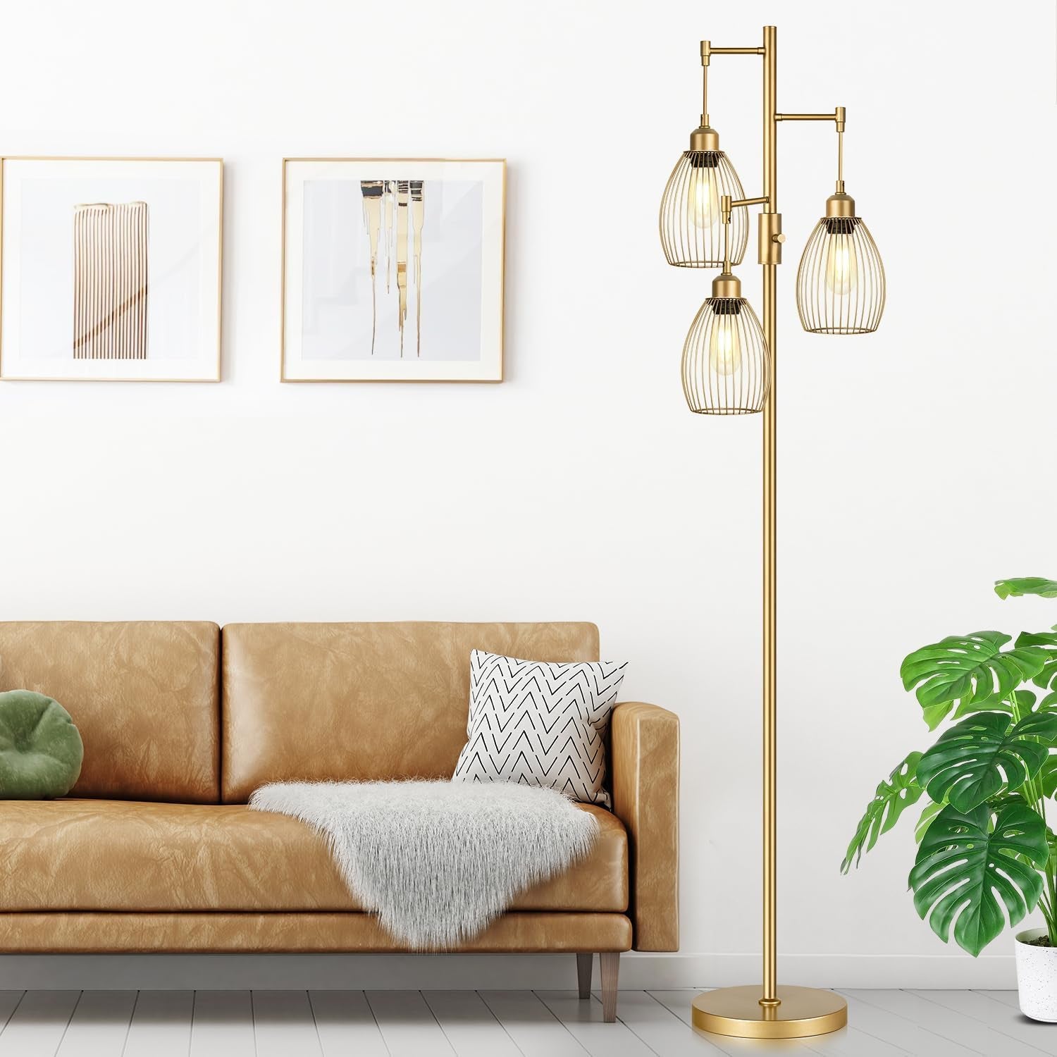 Dimmable Industrial Gold Tree Floor Lamp with 3 Elegant Teardrop Cage Shades