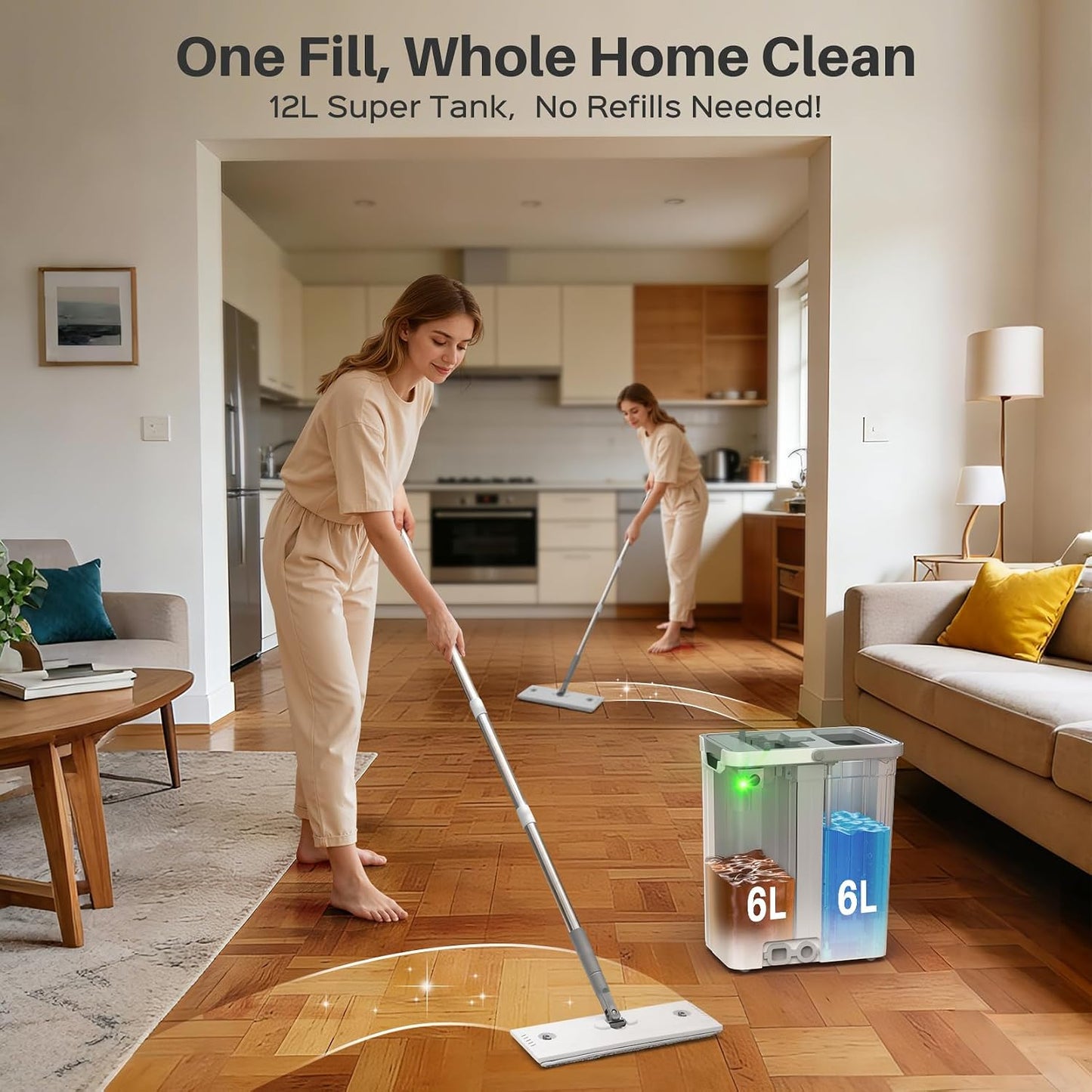 Self-Cleaning Flat Mop & Bucket Set with AUTO Pump 3-Zone Clean & Dirty Water System